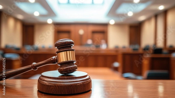 Obraz Courtroom scene featuring a gavel on a wooden bench with blurred background of judge and jury in session Generative AI