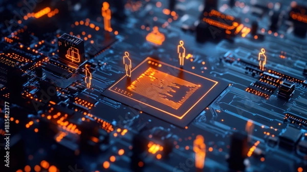 Fototapeta Digital circuit board showing glowing orange figures representing technology and innovation in a futuristic setting Generative AI