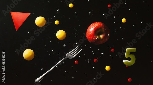 Fototapeta Colorful shapes and fruits arranged on a dark surface with a fork and numbers in a creative layout for abstract art Generative AI