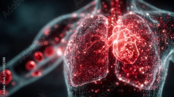 Fototapeta 3D model of human cardiovascular system showing heart and lungs with detailed structure and glowing patterns Generative AI
