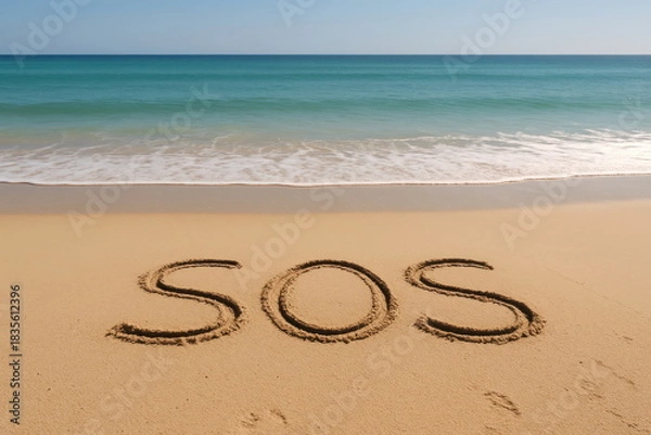 Fototapeta Message written in sand on a beach during daylight to signal for help or attention near the water's edge Generative AI