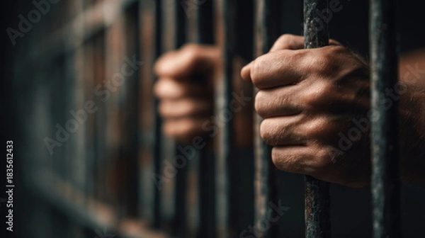 Fototapeta Hands grip metal bars in a dimly lit space during nighttime inside a prison cell Generative AI