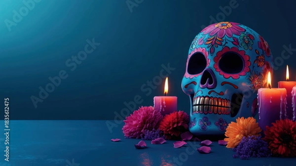 Fototapeta Colorful skull with candles and flowers on a table during a cultural celebration of life Generative AI