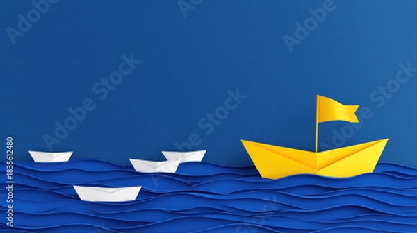 Fototapeta Colorful boats sailing on blue waves with a yellow vessel and white boats under a clear sky Generative AI