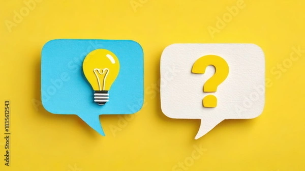 Fototapeta Bright idea and question mark symbols on colorful background for creative concept discussions in classroom or presentation setting Generative AI