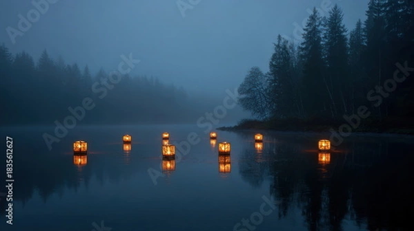 Obraz Lanterns light up a lake at night in a misty forest setting with trees surrounding the water Generative AI