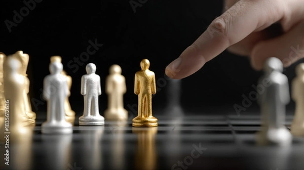 Obraz Chess pieces arranged on a board with a finger pointing at the golden pawn during a game at night Generative AI