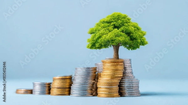 Fototapeta Green tree grows on top of stacked coins showing growth and investment in sustainability during daylight Generative AI