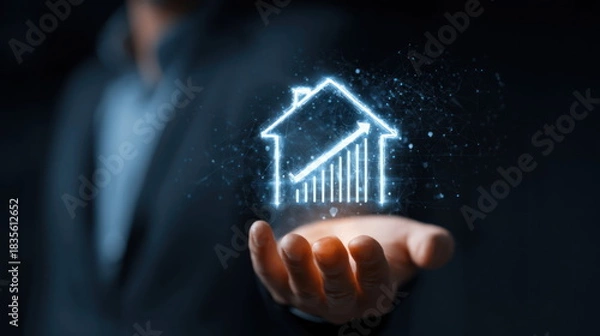 Fototapeta Business person holds glowing house symbol with upward trend representing real estate growth and investment potential in the market Generative AI