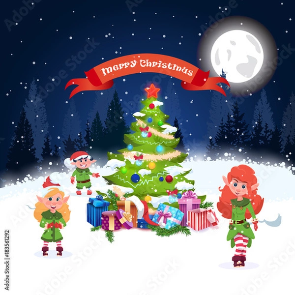 Fototapeta Beautiful Christmas Greeting Card With Decorated Pine Tree And Green Elfs Over Winter Forest Landscape Flat Vector Illustration