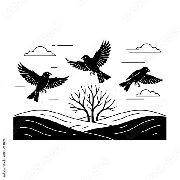 Fototapeta Canaries flock flying from minimalist branches vector illustration