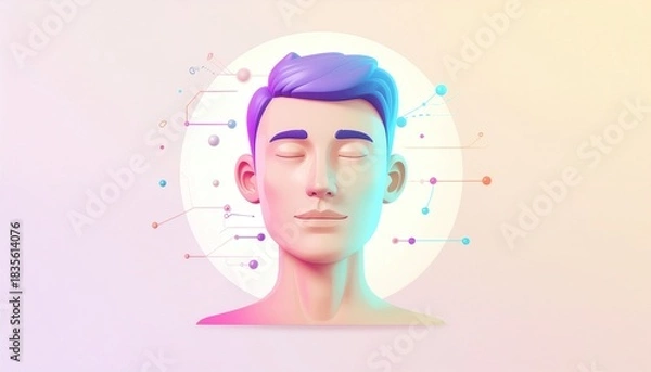 Fototapeta Digital face with closed eyes and colorful patterns displaying technology and data connections in a simple background