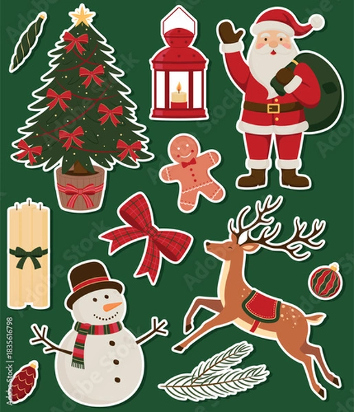 Obraz Vector season sticker pack. Christmas festive symbols and design elements - Christmas tree, lantern, Santa Claus, candles, gingerbread cookie, bow, snowman, reindeer, spruce branch and tree ornaments.