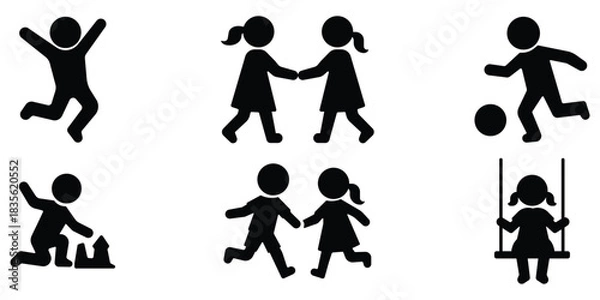 Obraz Children activity icon set, Kids play symbol pack, Child movement silhouette collection