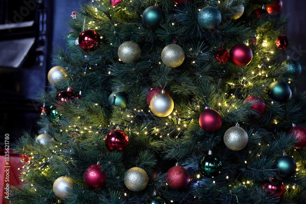 Obraz Christmas tree with decorations, fairy lights surrounded by many beautiful colored balls for Christmas and new year celebration.