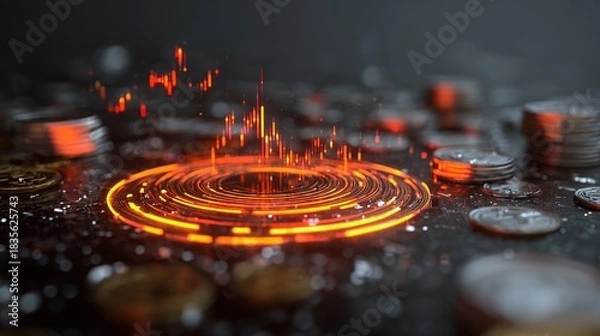 Obraz Digital Currency Innovation: A conceptual visualization of digital currency, showcasing a glowing technological interface. The vibrant image signifies financial technology.