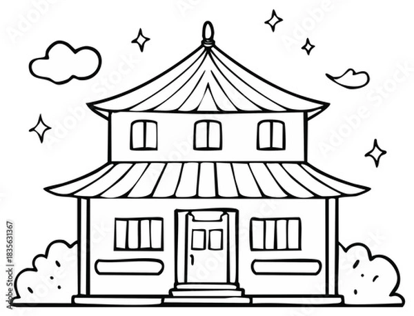 Fototapeta Line Drawing of a Traditional Asian Pagoda Style Building with Clouds and Stars