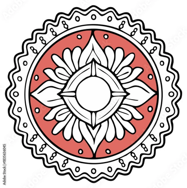 Fototapeta Symmetrical flower mandala in white lines on light red geometric background with dotted wavy border