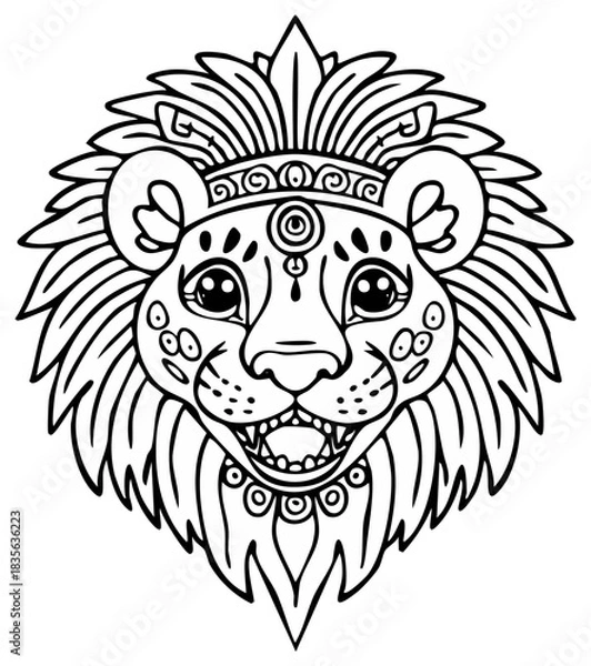Fototapeta Adorable Lion Head Coloring Page Illustration with Intricate Tribal Patterns and Decorative Mane