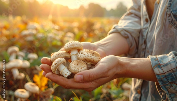 Obraz farmer's hands holding mushrooms in the field