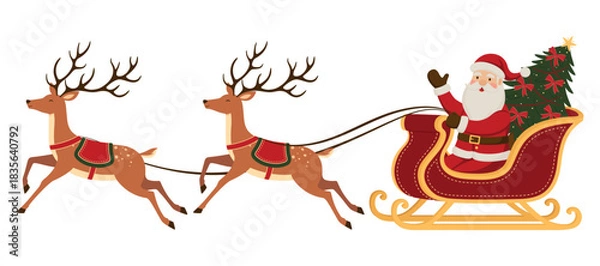 Obraz Santa Claus riding a sleigh with Christmas tree pulled by reindeer. Flat vector illustration isolated on a white background.