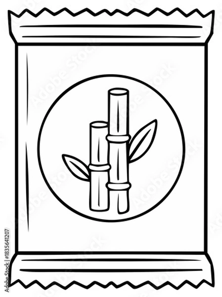 Fototapeta Simple line art illustration of bamboo stalks and leaves within a circular emblem on a sealed packet icon.