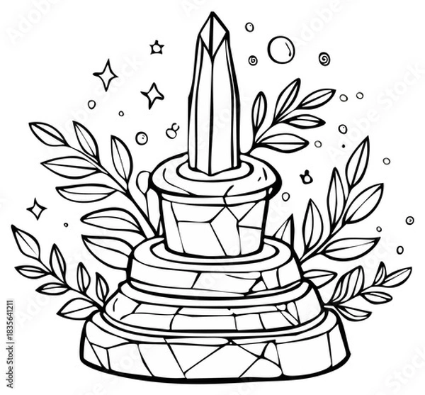 Fototapeta Mystical Crystal Obelisk Surrounded by Enchanting Foliage and Celestial Sparkles