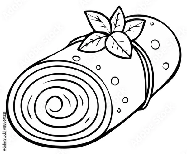 Fototapeta Rolled pastry with a swirl filling and fresh herb garnish, a simple black and white food line art illustration