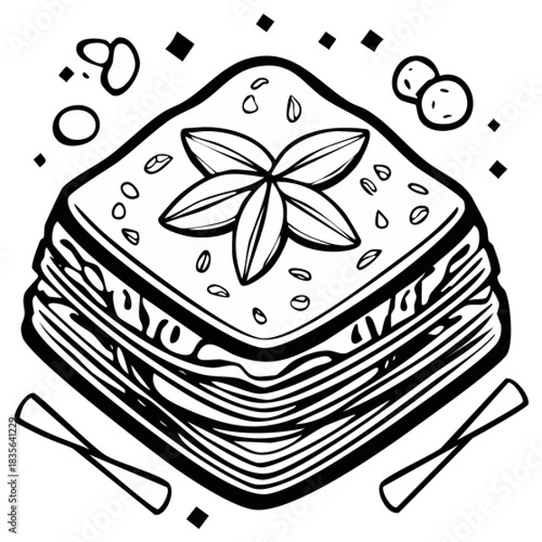 Fototapeta Black and white line art illustration of a layered baklava dessert with star anise topping