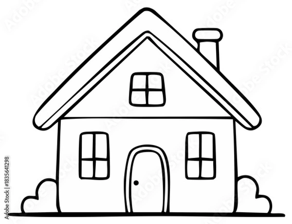 Fototapeta Simple black and white outline of a house with a chimney and windows