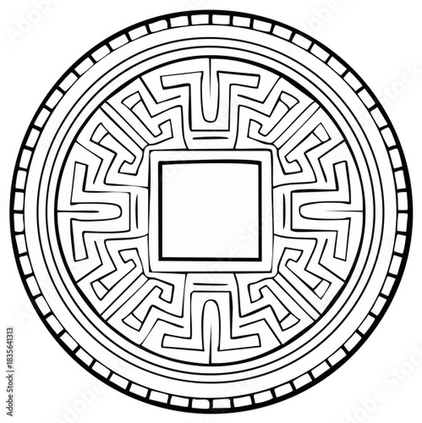 Fototapeta Circular Ornament with Intricate Pattern and Square Center in Black and White