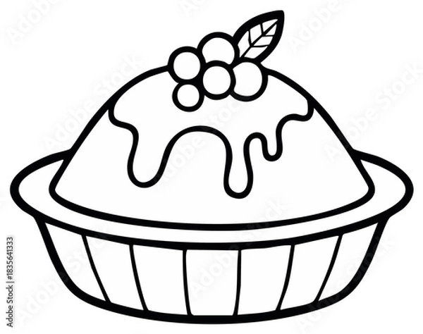 Fototapeta Dessert pie with frosting, berries, and leaf outlined vector illustration for coloring or design
