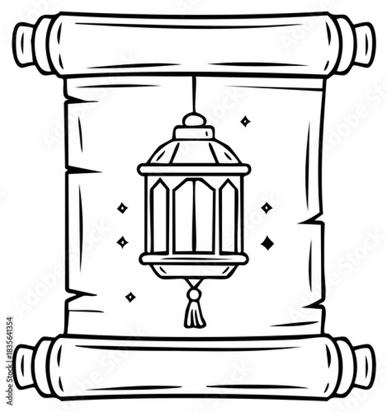 Fototapeta Traditional scroll with hanging lantern and sparkles line art design