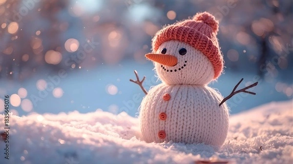 Fototapeta 毛糸の雪だるまと雪原、ボケ背景、クリスマスシーン