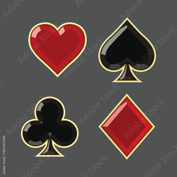 Fototapeta Playing Card Suits Icon Set with Gold Border – Heart Spade Club Diamond – Vector Illustration