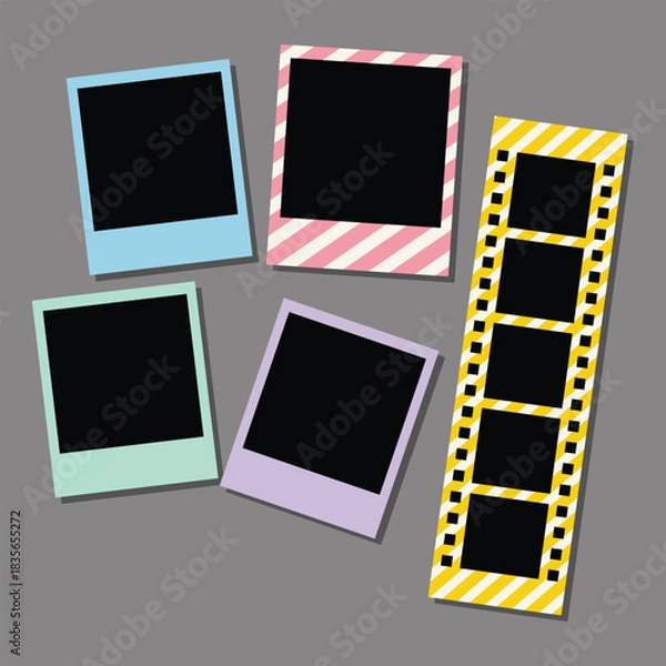 Fototapeta Cute Colorful Polaroid Frames with Film Strip – Retro Aesthetic Photo Template – Vector Illustration