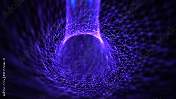 Fototapeta Endless flight through a neon sci-fi tunnel of colorful wires in space. Flight inside the hyperspace tunnel. Network data connection, speed of light, space travel, time strings.