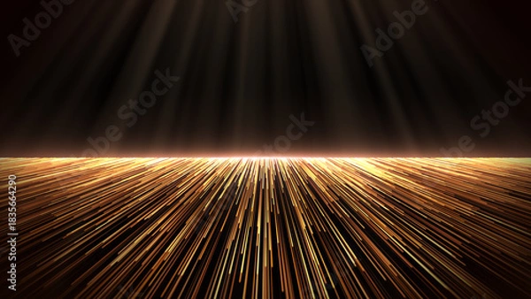 Fototapeta Luxury golden awards stage background. Magic performance floor of bright golden particles surrounded by elegant soft light rays. Award ceremony, event, holiday, celebration.