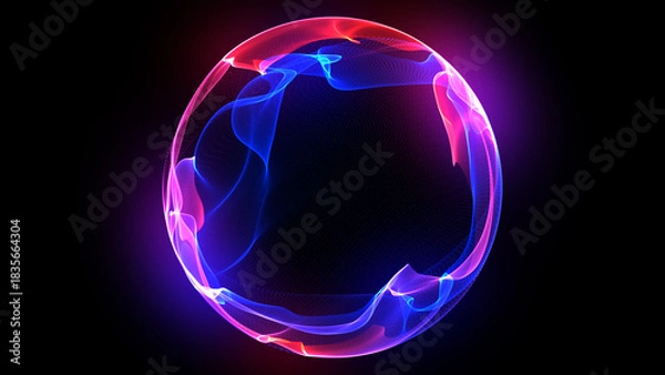 Fototapeta Neon futuristic 3d sphere in the Universe. Pink and blue energy orb. Virtual assistant concept. Bright glowing sphere background. Artificial Intelligence, technology, science. 
