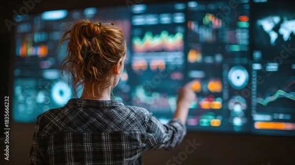 Obraz Data analysis in progress: A skilled analyst, immersed in a dynamic display of data visualizations, meticulously examines a complex array of information.