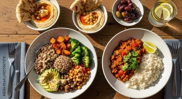 Fototapeta Healthy Vegan Feast on Rustic Wooden Table