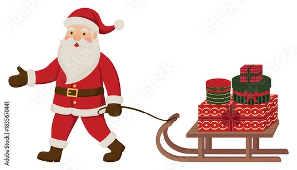 Obraz Illustration of Santa Claus pulling a wooden sleigh filled with gifts. Holiday vector flat design isolated on a white background.