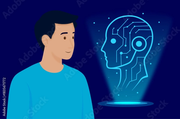 Fototapeta Human-AI Interaction
This symbolizes human interaction with artificial intelligence, future technologies, and the harmonious coexistence of humans and intelligent systems