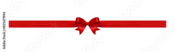 Fototapeta Red ribbon bow with long horizontal tails, glossy vector gift wrap element for web banners, coupons, sales, marketing promotions and holiday design