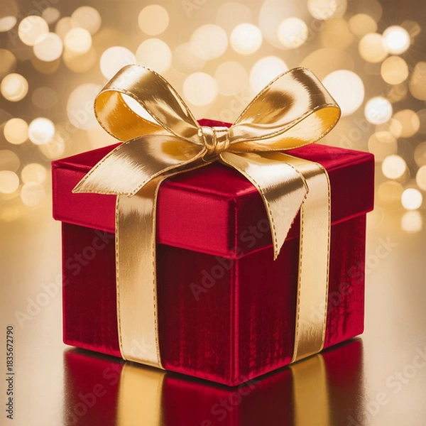 Obraz Red gift box with golden ribbon for holiday surprise and Christmas decoration