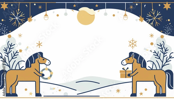 Obraz クリスマスのかわいい馬の背景枠