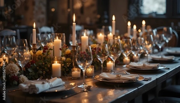 Obraz Elegant formal dinner table setting illuminated by many glowing candles