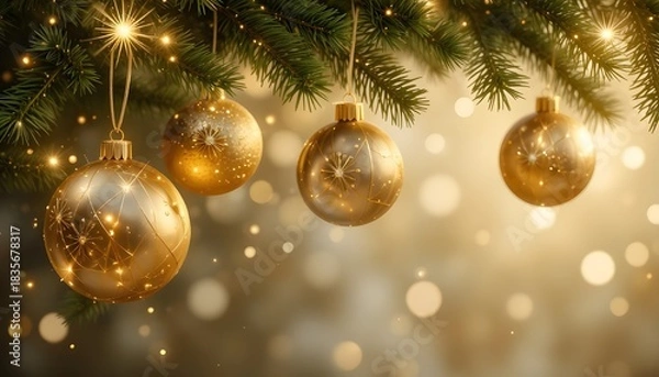 Obraz Closeup of golden christmas ornaments hanging from a festive evergreen branch