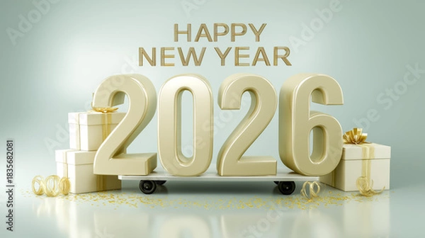 Obraz 2026年 ハッピーニューイヤー 黄金の3D文字とギフトボックスの豪華な背景
