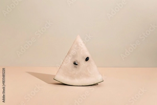 Fototapeta Small triangular white watermelon slice on beige surface, minimal fruit composition with soft warm tones and fresh aesthetic.